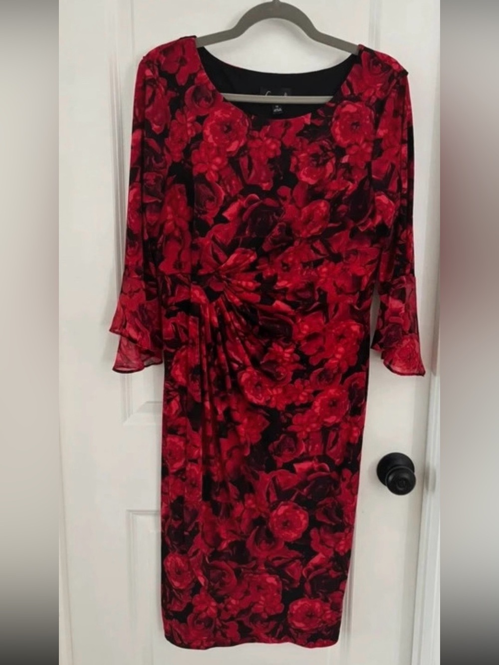 Connected Apparel - Red and Black Floral Long-Sleeve Midi Dress